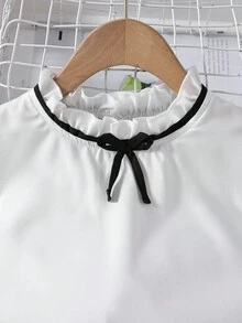 SHEIN Teen Girls 2pcs/Set Casual Ruffle Trim Round Neck Top With Bow Decor And Casual Long Pants, Summer, Cute, Comfortable, Outfit, Daily - Black - View 7