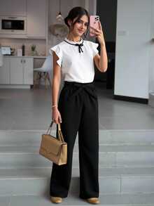 SHEIN Teen Girls 2pcs/Set Casual Ruffle Trim Round Neck Top With Bow Decor And Casual Long Pants, Summer, Cute, Comfortable, Outfit, Daily - Black - View 3