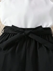 SHEIN Teen Girls 2pcs/Set Casual Ruffle Trim Round Neck Top With Bow Decor And Casual Long Pants, Summer, Cute, Comfortable, Outfit, Daily - Black - View 6