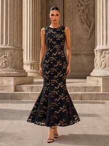 MOTF PREMIUM WAIST-CINCHED MATURE ELEGANT ROUND NECK MERMAID WOMEN'S DRESS WEDDING DINNER COCKTAIL BEIGE AUTUMN WINTER - Black - View 2