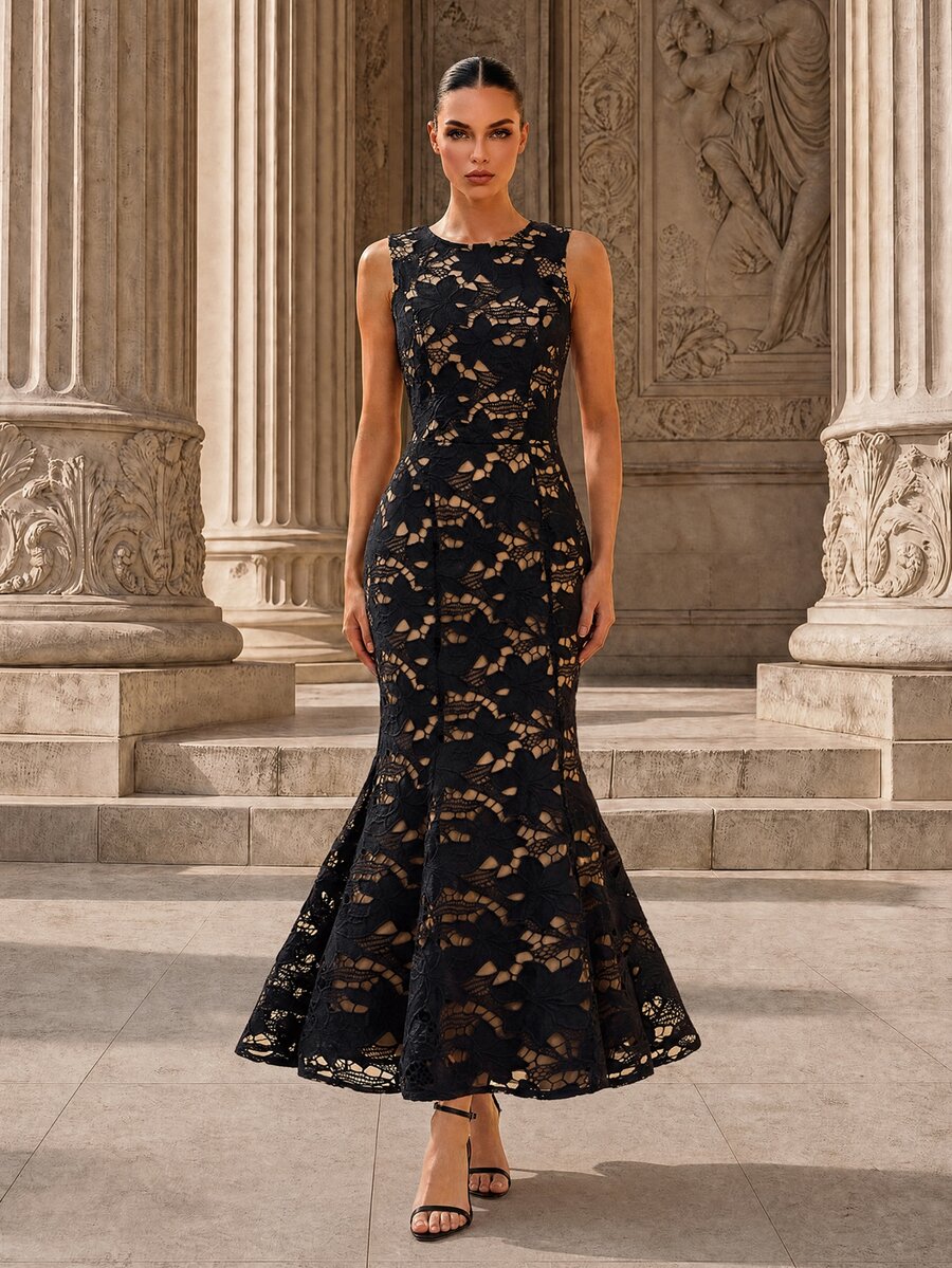 MOTF PREMIUM WAIST-CINCHED MATURE ELEGANT ROUND NECK MERMAID WOMEN'S DRESS WEDDING DINNER COCKTAIL BEIGE AUTUMN WINTER