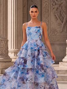 MOTF PREMIUM MULTI-LAYER RUFFLE HEM CAMI DRESS - Blue - View 4