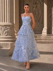 MOTF PREMIUM SPRING/SUMMER FRESH GENTLE DATE DAILY 3D APPLIQUE MESH LAYERED CAKE HEM LIGHT BLUE WOMEN'S LONG STRAPLESS SPAGHETTI STRAP DRESS - Sky Blue - View 3