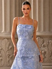 MOTF PREMIUM SPRING/SUMMER FRESH GENTLE DATE DAILY 3D APPLIQUE MESH LAYERED CAKE HEM LIGHT BLUE WOMEN'S LONG STRAPLESS SPAGHETTI STRAP DRESS - Sky Blue - View 4