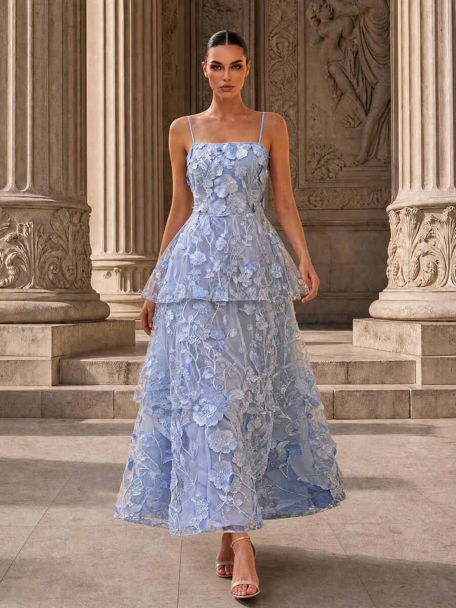 MOTF PREMIUM SPRING/SUMMER FRESH GENTLE DATE DAILY 3D APPLIQUE MESH LAYERED CAKE HEM LIGHT BLUE WOMEN'S LONG STRAPLESS SPAGHETTI STRAP DRESS