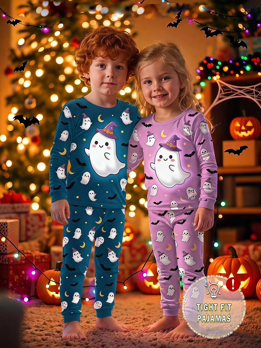 2件組萬聖節女童幼兒睡衣套裝，紫色可愛幽靈蝙蝠月亮印花，柔軟舒適高彈力緊身面料，長袖長褲，貼身剪裁
