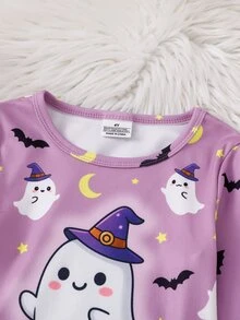 2件組萬聖節女童幼兒睡衣套裝，紫色可愛幽靈蝙蝠月亮印花，柔軟舒適高彈力緊身面料，長袖長褲，貼身剪裁 - 紫色 - 查看 9