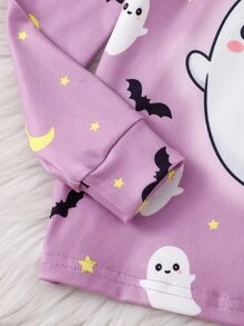 2件組萬聖節女童幼兒睡衣套裝，紫色可愛幽靈蝙蝠月亮印花，柔軟舒適高彈力緊身面料，長袖長褲，貼身剪裁 - 紫色 - 查看 8