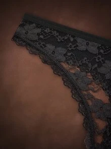Bella Beso 3 件套黑色性感蕾丝拼接女士丁字裤，可爱蝴蝶结柔软舒适透气内衣 - 黑色 - 查看 5