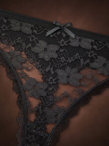 Bella Beso 3 件套黑色性感蕾丝拼接女士丁字裤，可爱蝴蝶结柔软舒适透气内衣 - 黑色 - 查看 4
