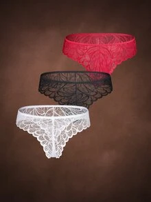Bella Beso 3条/包 女士浪漫随机颜色轻薄透气性感蕾丝羽毛图案丁字裤 - 彩色 - 查看 3