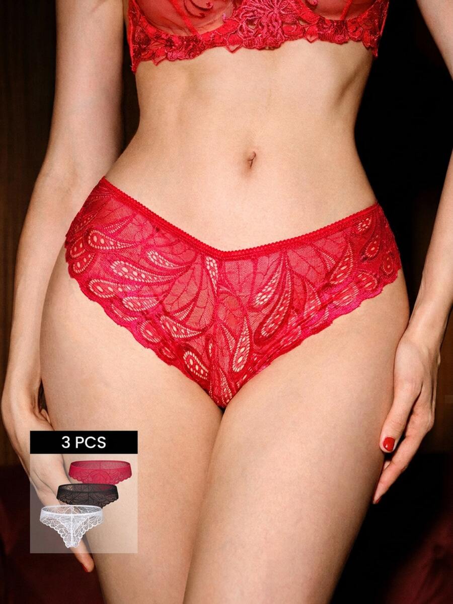 Bella Beso 3条/包 女士浪漫随机颜色轻薄透气性感蕾丝羽毛图案丁字裤 - 彩色 - 查看 1