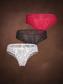 Bella Beso 3条/包 女士浪漫随机颜色轻薄透气性感蕾丝羽毛图案丁字裤 - 彩色 - 查看 2