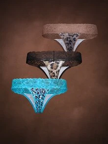 Bella Beso Women 3 Packs Contrast Lace Sexy Thongs Cute Leopard Print Multicolored Assortment Underwear, Low Rise - Multicolor - View 3