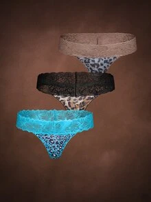 Bella Beso Women 3 Packs Contrast Lace Sexy Thongs Cute Leopard Print Multicolored Assortment Underwear, Low Rise - Multicolor - View 2