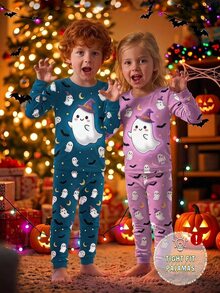 2pcs Halloween Boys Pajama Set, Cute Ghost Moon Bat Print, Deep Blue Soft Comfortable Tight High Elastic Fabric Long Sleeve Long Pants Snug Fit - Blue - View 1