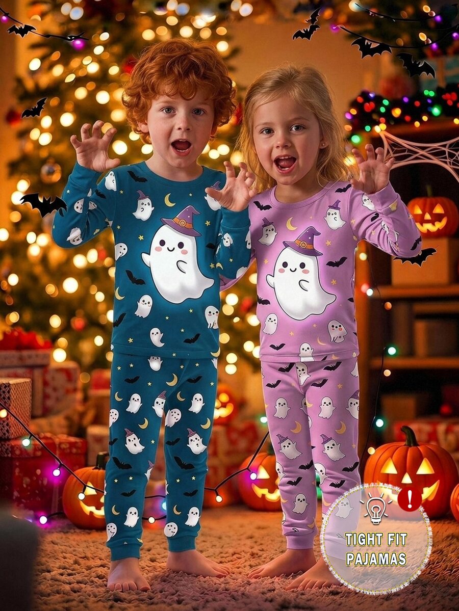 2pcs Halloween Boys Pajama Set, Cute Ghost Moon Bat Print, Deep Blue Soft Comfortable Tight High Elastic Fabric Long Sleeve Long Pants Snug Fit - Blue - View 1