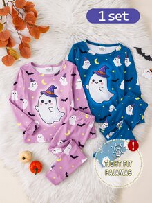 2pcs Halloween Boys Pajama Set, Cute Ghost Moon Bat Print, Deep Blue Soft Comfortable Tight High Elastic Fabric Long Sleeve Long Pants Snug Fit - Blue - View 6