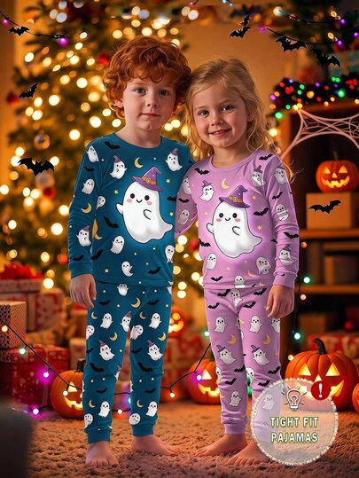 2pcs Halloween Boys Pajama Set, Cute Ghost Moon Bat Print, Deep Blue Soft Comfortable Tight High Elastic Fabric Long Sleeve Long Pants Snug Fit