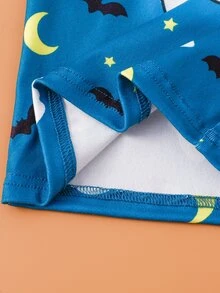 2pcs Halloween Boys Pajama Set, Cute Ghost Moon Bat Print, Deep Blue Soft Comfortable Tight High Elastic Fabric Long Sleeve Long Pants Snug Fit - Blue - View 8