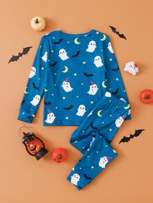 2pcs Halloween Boys Pajama Set, Cute Ghost Moon Bat Print, Deep Blue Soft Comfortable Tight High Elastic Fabric Long Sleeve Long Pants Snug Fit - Blue - View 5