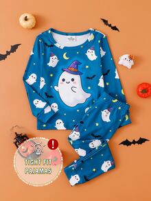 2pcs Halloween Boys Pajama Set, Cute Ghost Moon Bat Print, Deep Blue Soft Comfortable Tight High Elastic Fabric Long Sleeve Long Pants Snug Fit - Blue - View 3