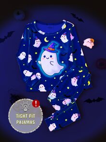 2pcs Halloween Boys Pajama Set, Cute Ghost Moon Bat Print, Deep Blue Soft Comfortable Tight High Elastic Fabric Long Sleeve Long Pants Snug Fit - Blue - View 7