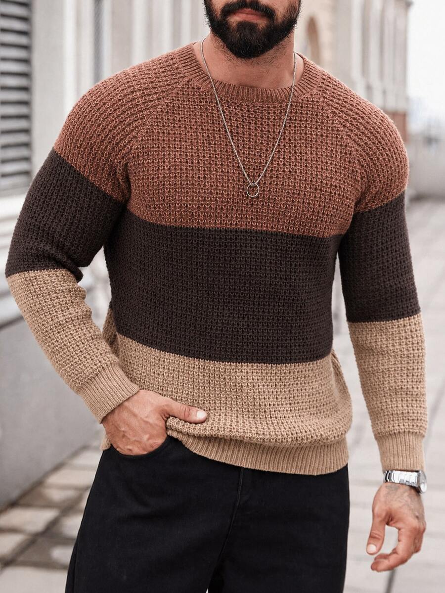 Manfinity Homme Suéter casual de bloques de color y patchwork para hombre, otoño/invierno - Camel - Ver 1