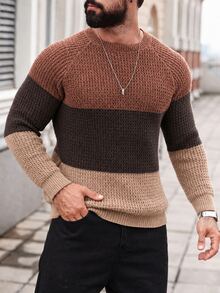 Manfinity Homme Suéter casual de bloques de color y patchwork para hombre, otoño/invierno - Camel - Ver 3