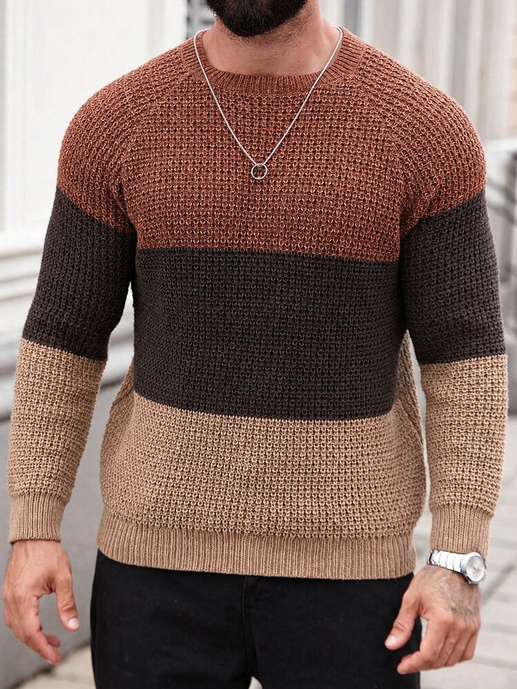 Manfinity Homme Men's Casual Colorblock Patchwork Sweater, Autumn/Winter - Camel - View 5