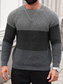 Manfinity Homme Men's Colorblock Raglan Long Sleeve Casual Crew Neck Sweater - Dark Grey - View 3