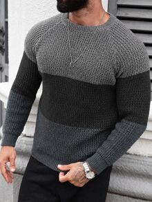 Manfinity Homme Men's Colorblock Raglan Long Sleeve Casual Crew Neck Sweater - Dark Grey - View 5
