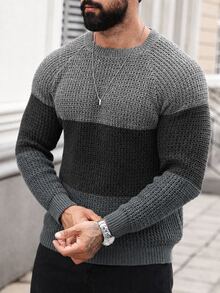 Manfinity Homme Men's Colorblock Raglan Long Sleeve Casual Crew Neck Sweater - Dark Grey - View 6