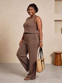 CurvyTilda Plus Size Women Striped Round Neck Tank Top And Pants Casual 2 Pieces Set Summer Outfits Sets One Outfit Knit Two Pieces For Mother's Day Elegant - Coffee Brown - View 3