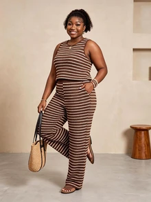 CurvyTilda Plus Size Women Striped Round Neck Tank Top And Pants Casual 2 Pieces Set Summer Outfits Sets One Outfit Knit Two Pieces For Mother's Day Elegant - Coffee Brown - View 1