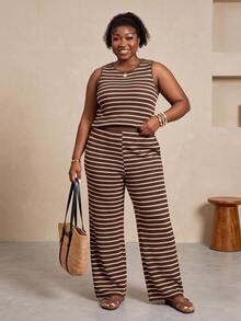 CurvyTilda Plus Size Women Striped Round Neck Tank Top And Pants Casual 2 Pieces Set Summer Outfits Sets One Outfit Knit Two Pieces For Mother's Day Elegant - Coffee Brown - View 4