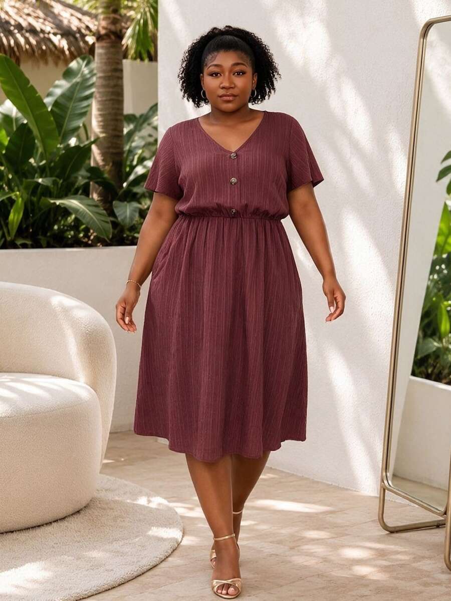 CurvyTilda Zanzea Plus-Size Women's Summer Burgundy Smart Casual Midi Dress,Vacation Elegant - Pink - View 1