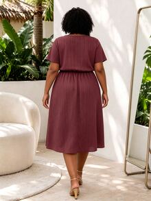 CurvyTilda Zanzea Plus-Size Women's Summer Burgundy Smart Casual Midi Dress,Vacation Elegant - Pink - View 2