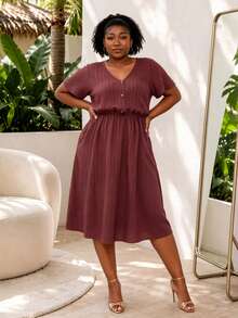 CurvyTilda Zanzea Plus-Size Women's Summer Burgundy Smart Casual Midi Dress,Vacation Elegant - Pink - View 4