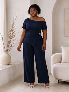 CurvyTilda Plus Size Women Solid Color Asymmetric Hem Top And Wide Leg Pants Elegant 2 Pieces Set Summer - Navy Blue - View 5