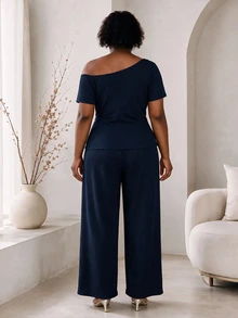 CurvyTilda Plus Size Women Solid Color Asymmetric Hem Top And Wide Leg Pants Elegant 2 Pieces Set Summer - Navy Blue - View 3