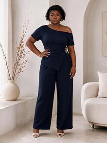 CurvyTilda Plus Size Women Solid Color Asymmetric Hem Top And Wide Leg Pants Elegant 2 Pieces Set Summer - Navy Blue - View 4
