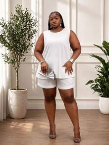 CurvyTilda 大尺碼女款絲滑白色兩件式上衣套裝，波希米亞風夏季度假休閒簡約優雅沙灘裝 - 白色 - 查看 5