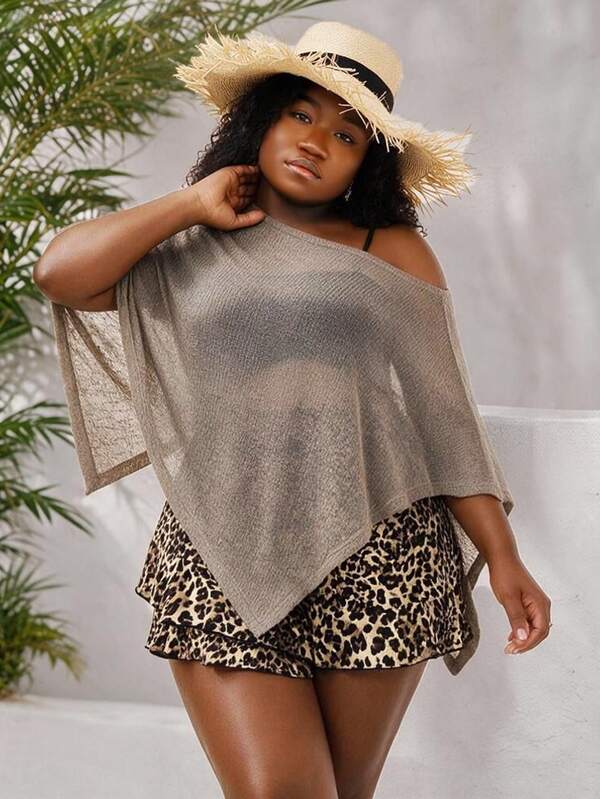 CurvyTilda Top tricoté kaki vintage bohème à motif ajouré, cache-épaules ample à manches chauve-souris, vêtement d'extérieur décontracté pour un look quotidien