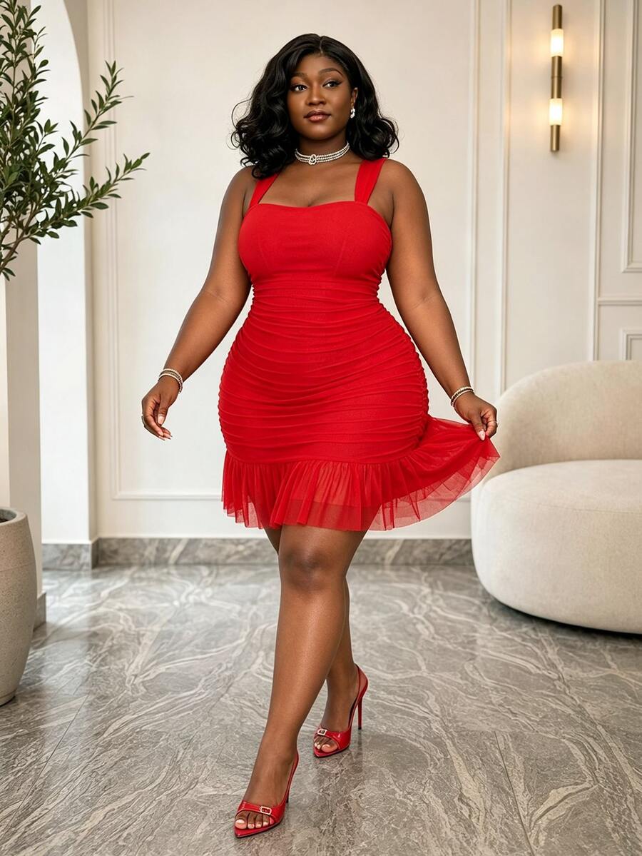CurvyTilda Plus Size Women's Red Summer Girlism Satin Party Retro Urban Modern Mesh Gathered Slim Fit Ruffle Simple Elegant Banquet Ball Wedding Dress - Red - View 1