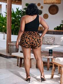 CurvyTilda Plus Size Women 2 Pieces Set Solid One Shoulder Sleeveless Ribbed Top & Leopard Print Shorts, Fashionable Elegant - Black - View 2