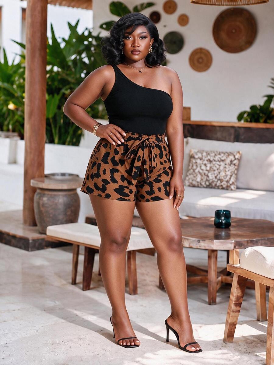 CurvyTilda Plus Size Women 2 Pieces Set Solid One Shoulder Sleeveless Ribbed Top & Leopard Print Shorts, Fashionable Elegant - Black - View 1