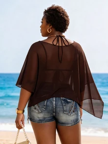 CurvyTilda Plus Size Chiffon Wrap Triangle Cup Tie Camisole Top 2 Pieces Set For Women Summer - Brown - View 2