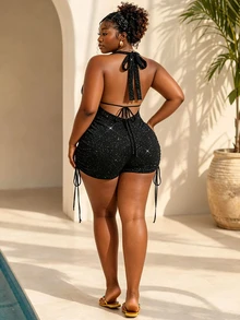 CurvyTilda Plus Size Solid Color Draped Halter Metal Decor Backless Jumpsuit Rhinestone Romper Glitz And Glamour Outfit For Women Bling Club Outfits Black - Black - View 2