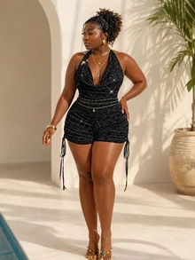 CurvyTilda Plus Size Solid Color Draped Halter Metal Decor Backless Jumpsuit Rhinestone Romper Glitz And Glamour Outfit For Women Bling Club Outfits Black - Black - View 4
